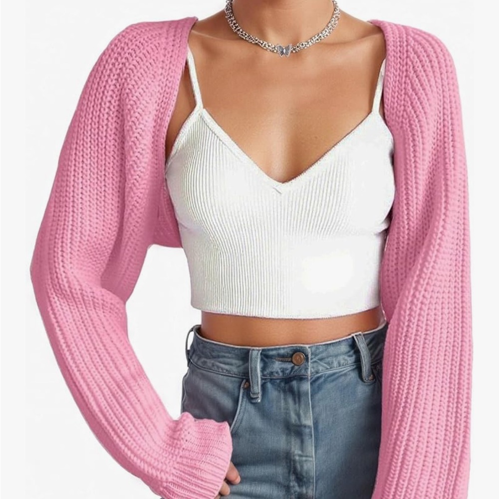 Amazon Pink Cropped Ribbed Knit Sweater Cardigan